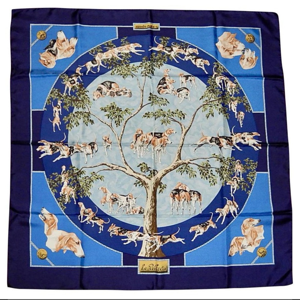 Authentic + Rare “Le Poitevin” Hermes Silk Scarf 90CM, navy, blue, hunting dogs